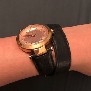 Michael Kors Black Leather Wrap Watch- Rose Gold